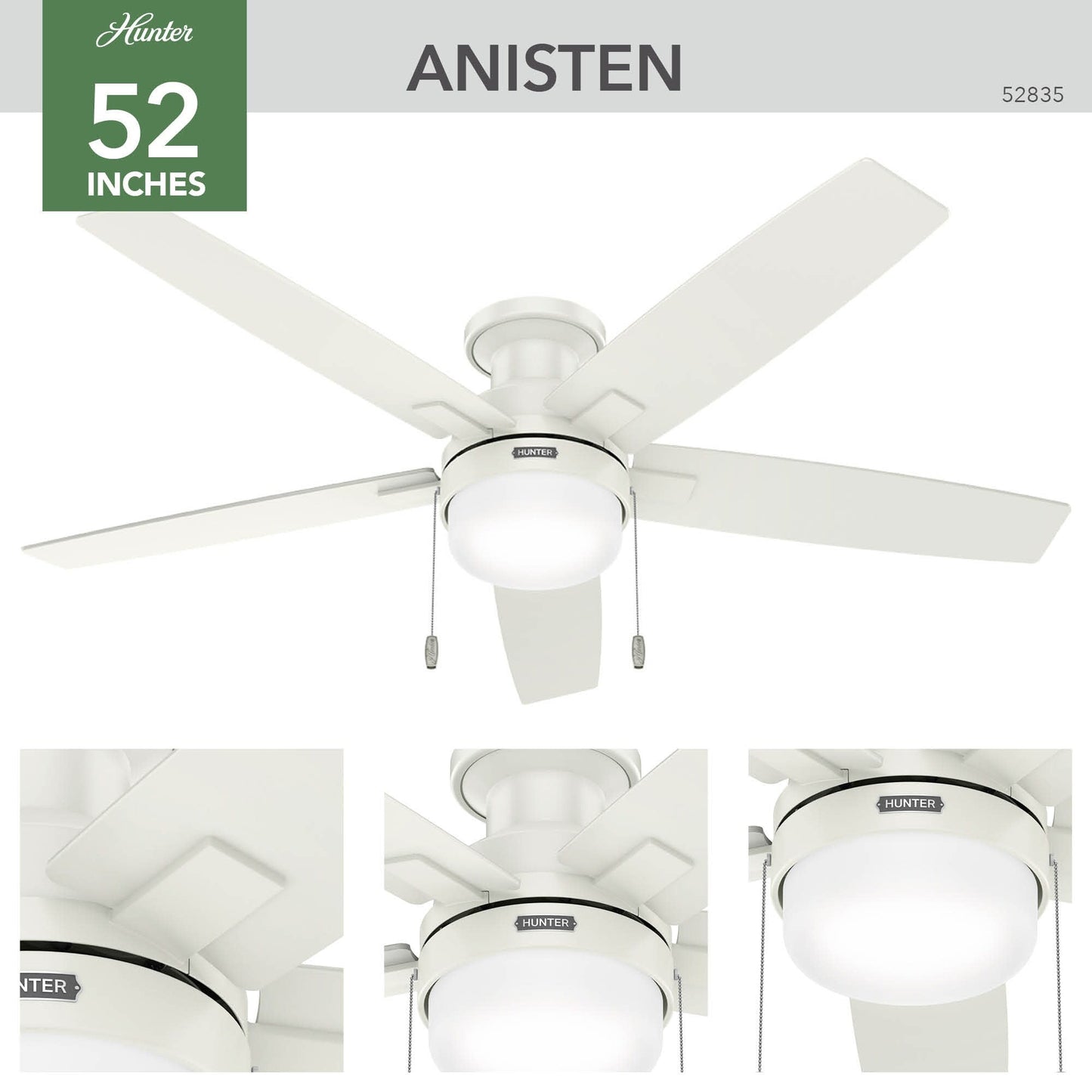 Ventilateur de plafond à profil bas Hunter 52 Anisten avec éclairage LED et chaînette - Moderne, contemporain, transitionnel