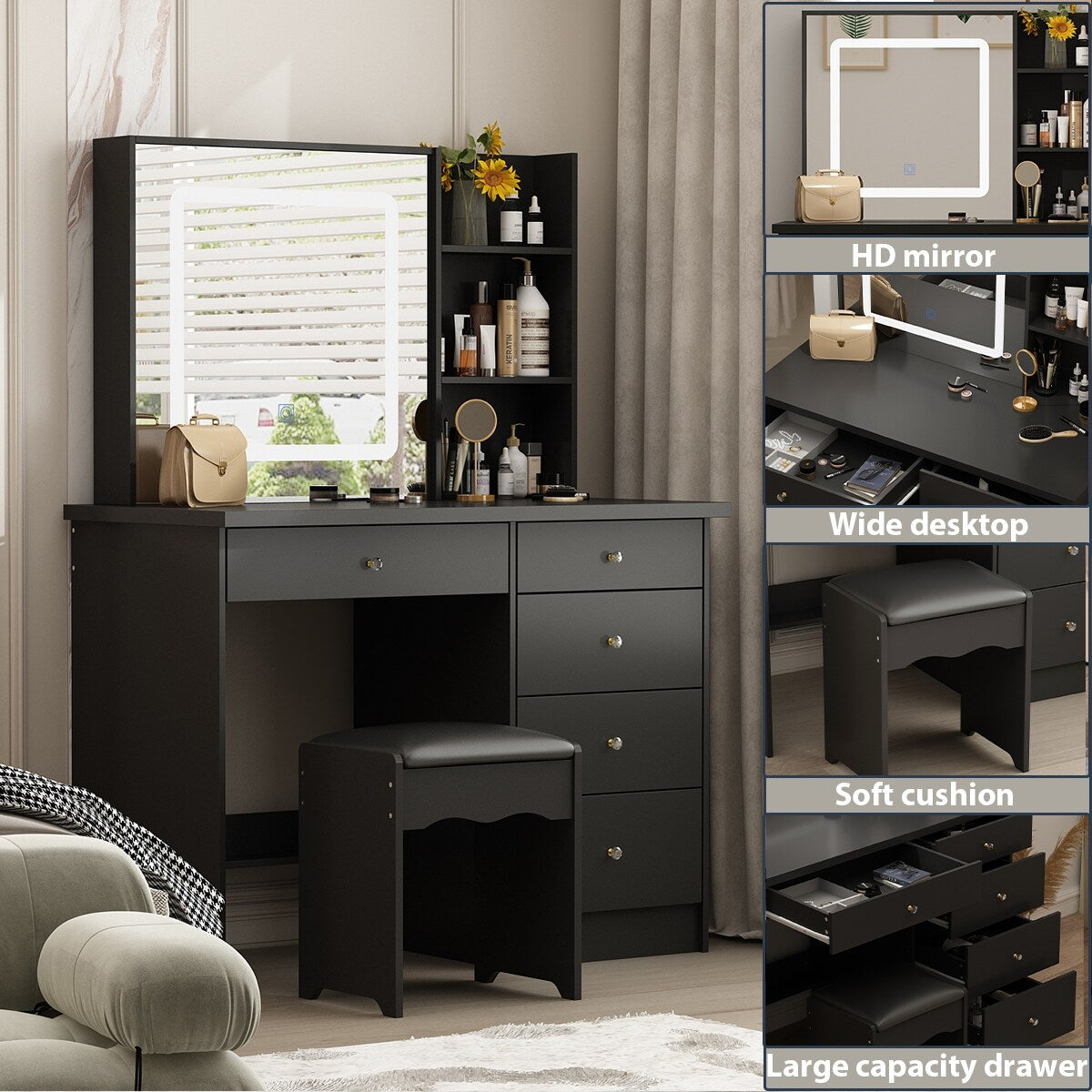 Coiffeuse Kerrogee avec miroir éclairé réglable et tabouret - 39,4 L x 19,7 l x 53,5 H