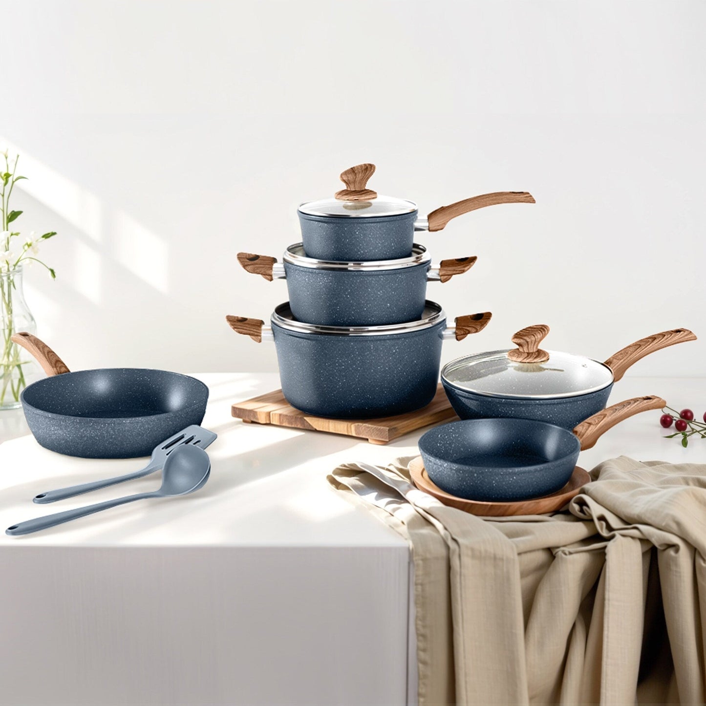 Batterie de cuisine antiadhésive, ensemble de 12 casseroles et poêles en granit