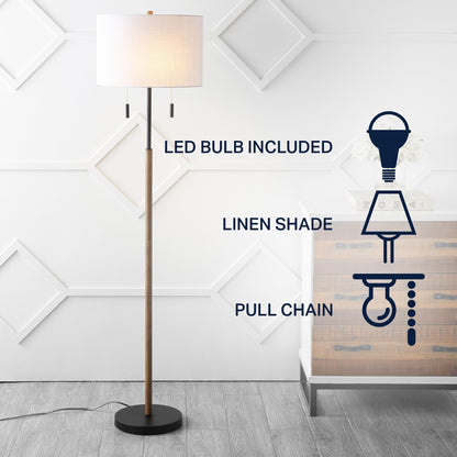 Lampe de sol à LED Koda 61 rustique en fer avec chandelier et chaînes de traction, finition bois marron/noir par JONATHAN Y