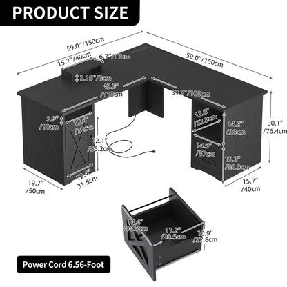 Bureau de jeu d'angle Moasis en L de 59 pouces avec support pour écran