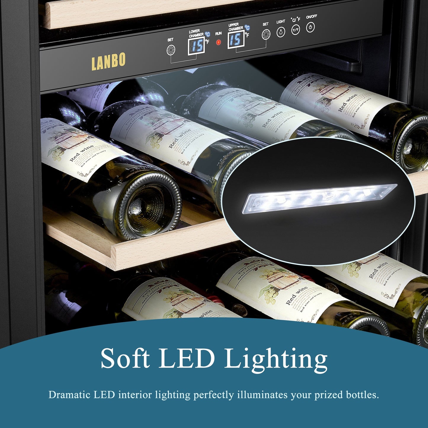 Réfrigérateur à vin autonome Lanbo 20 pouces, 64 bouteilles, double zone, porte vitrée avec garniture en acier inoxydable et deux serrures de sécurité.
