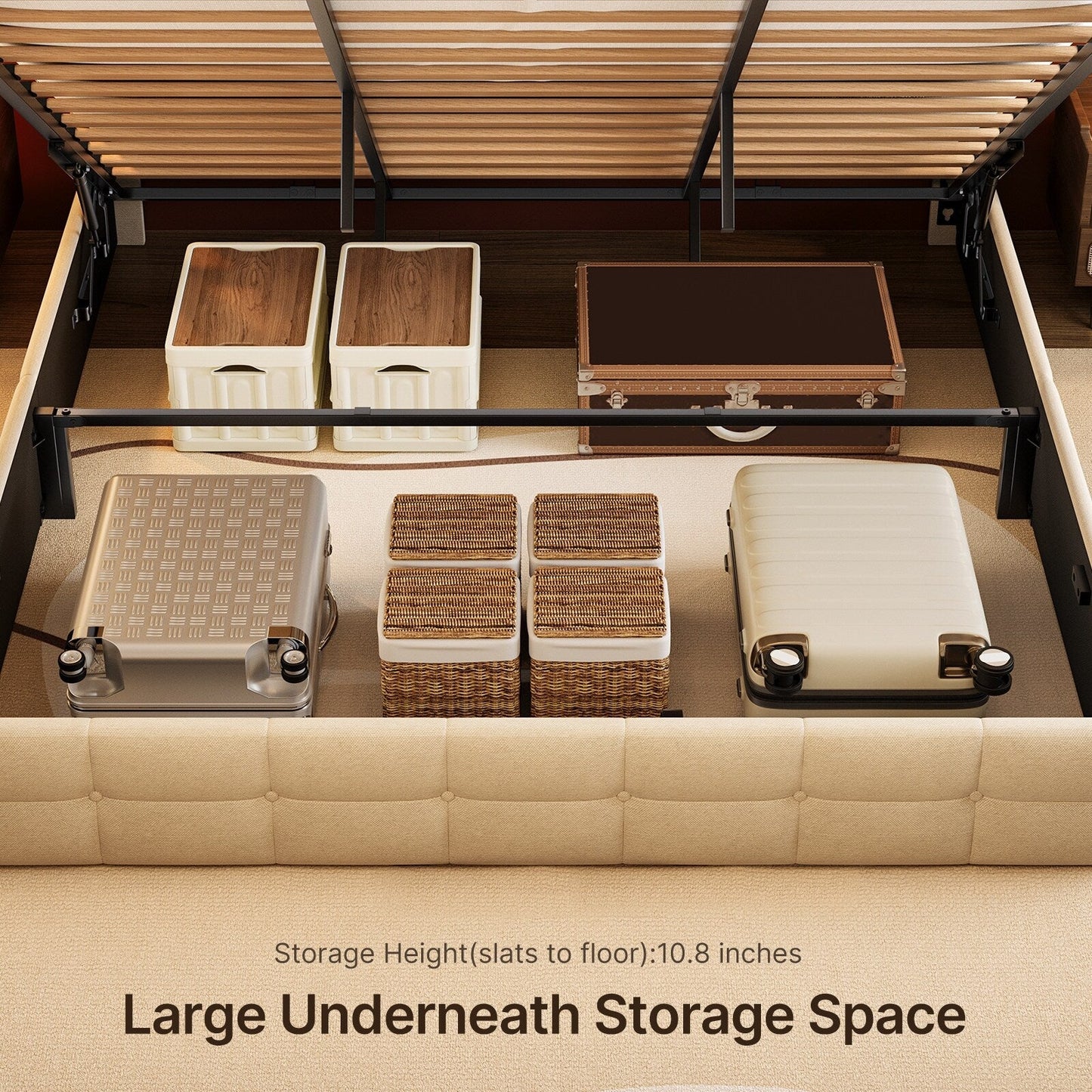 Cadre de lit relevable avec rangement, cadre de lit plateforme rembourré avec système de rangement hydraulique et tête de lit