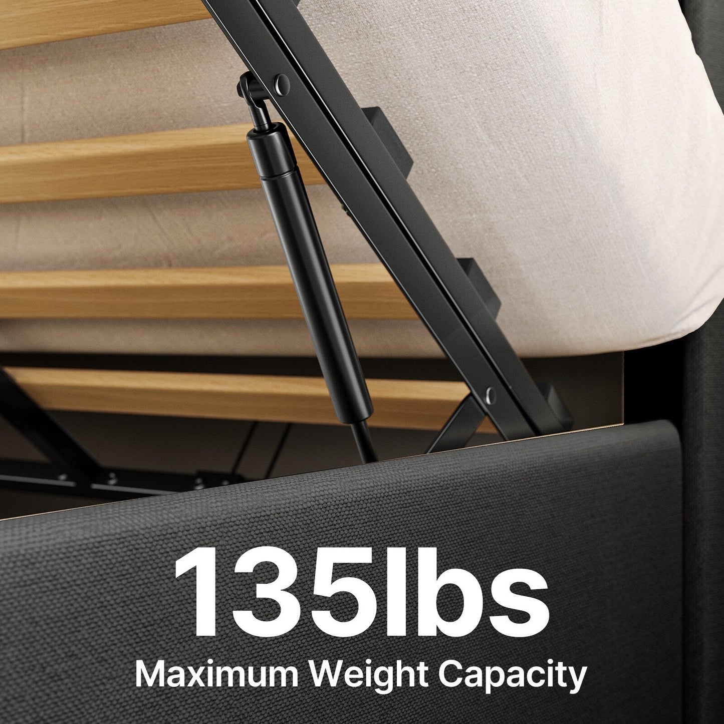 Cadre de lit relevable avec rangement, cadre de lit plateforme rembourré avec système de rangement hydraulique et tête de lit