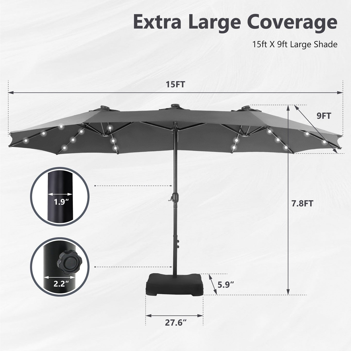 MAISON ARTS Parasol de marché extérieur rectangulaire à manivelle double face de 15 pieds Parasol de patio éclairé par LED solaire avec base incluse