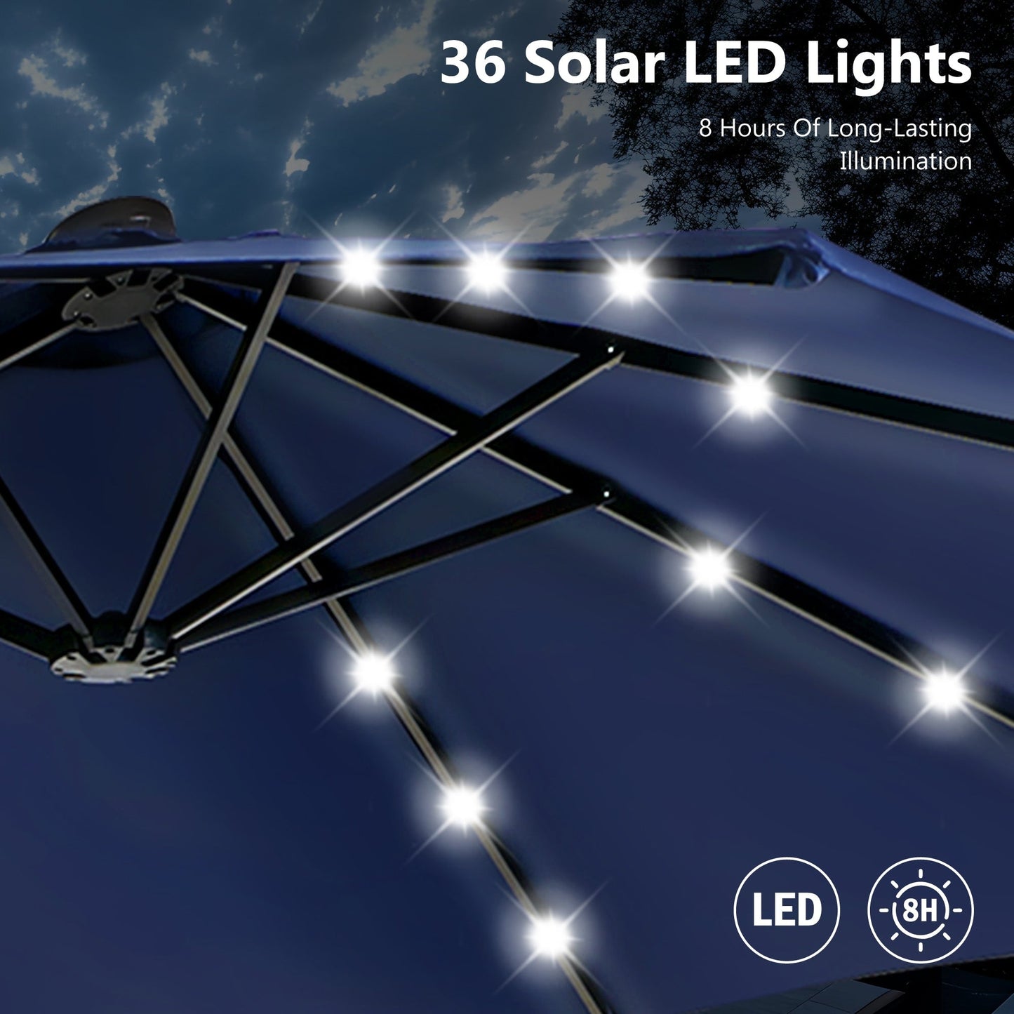 MAISON ARTS Parasol de marché extérieur rectangulaire à manivelle double face de 15 pieds Parasol de patio éclairé par LED solaire avec base incluse