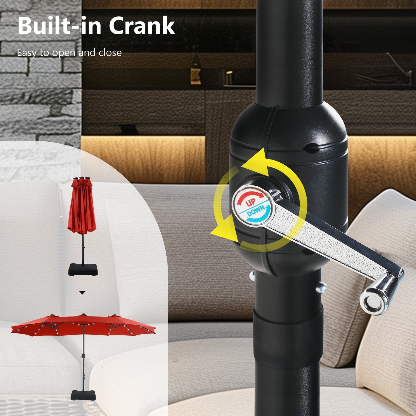 MAISON ARTS Parasol de marché extérieur rectangulaire à manivelle double face de 15 pieds Parasol de patio éclairé par LED solaire avec base incluse