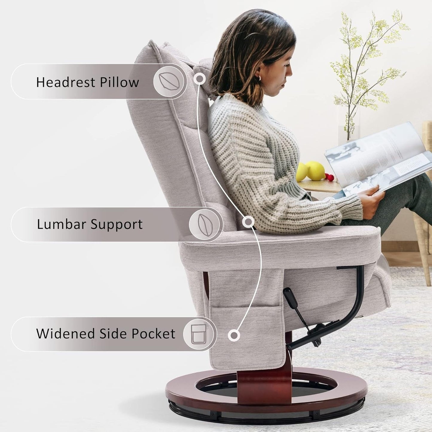 MCombo Set of 2 Swivel Recliner with Ottoman and Neck Pillow,Chenille Fabric