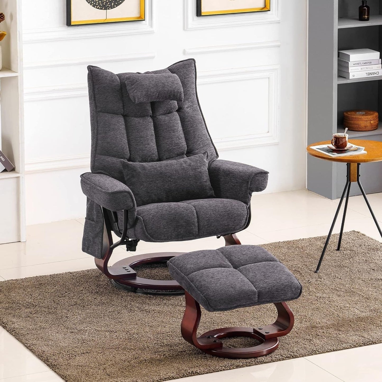 MCombo Set of 2 Swivel Recliner with Ottoman and Neck Pillow,Chenille Fabric