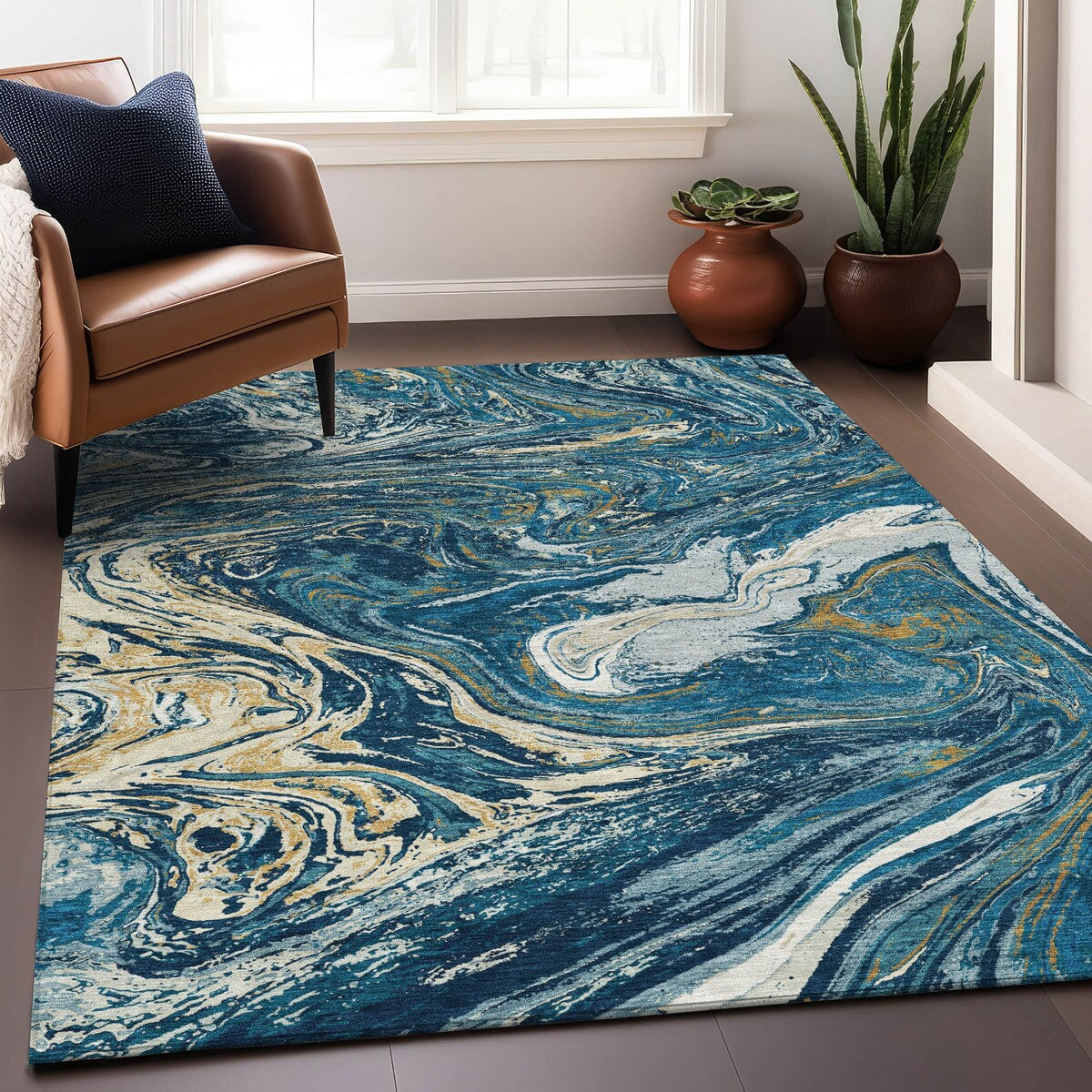 Machine Washable Indoor/ Outdoor Abstract Brushstroke Chantille Rug