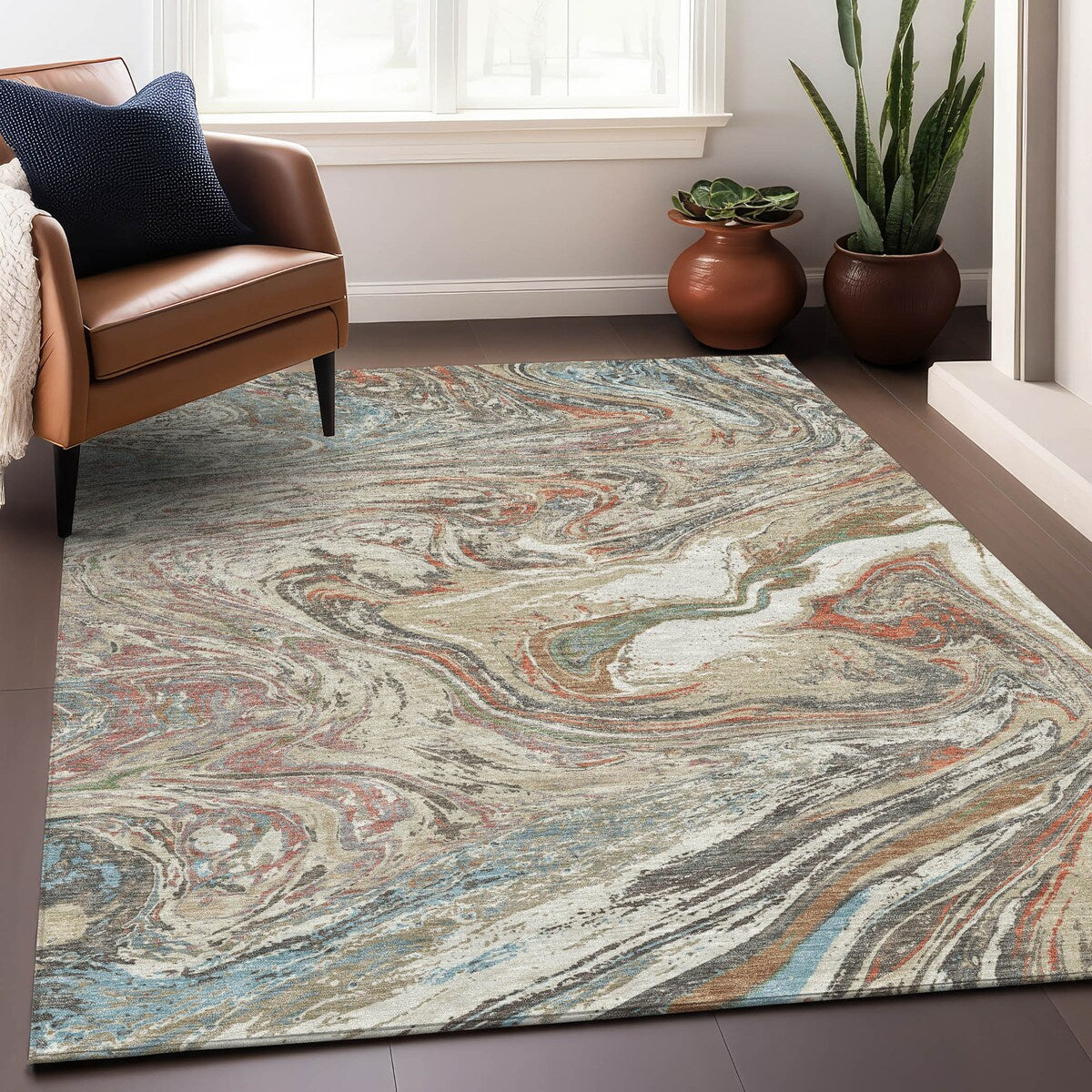 Machine Washable Indoor/ Outdoor Abstract Brushstroke Chantille Rug