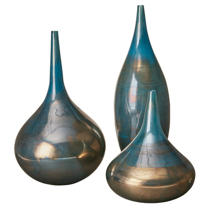 Ensemble de 3 vases décoratifs en verre bleu Aurora et bronze Madison Park Signature