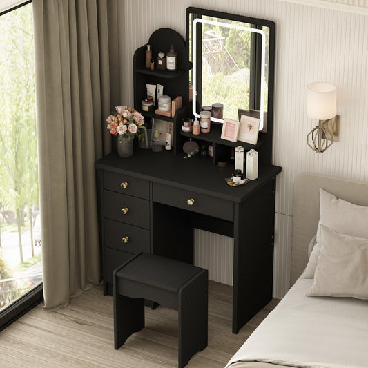 Coiffeuse avec éclairage LED, miroir et tabouret