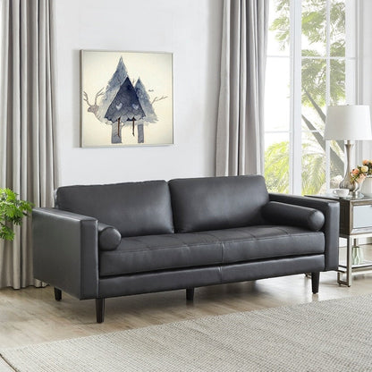 Canapé moderne en cuir véritable avec pieds en bois et coussin traversin supplémentaire