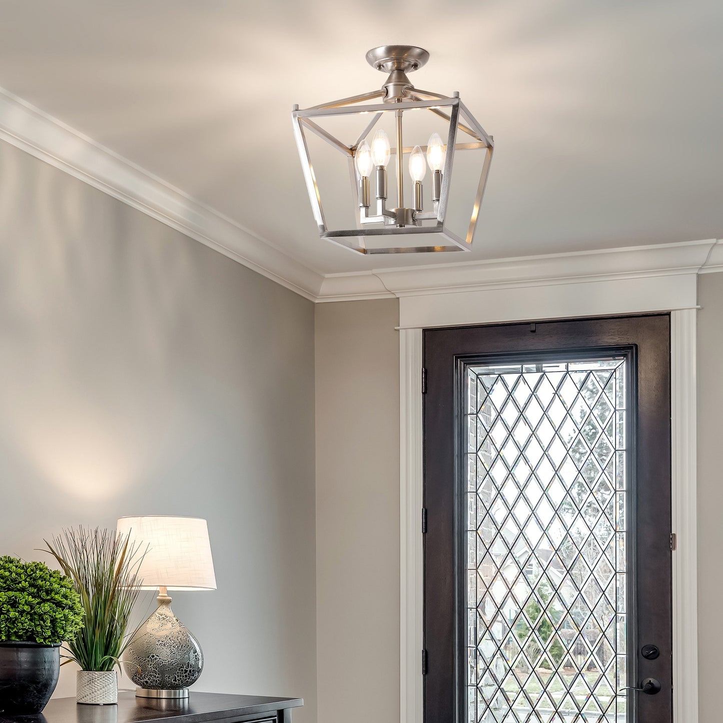 Milton Mini Lantern 4-Light Iron Modern Farmhouse LED Flush Mount, by JONATHAN Y