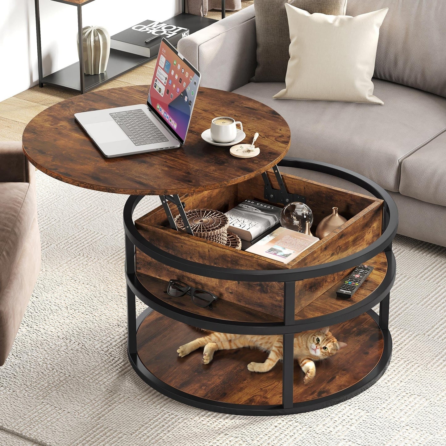 Moasis Round Lift Top Coffee Table with Hidden Storage
