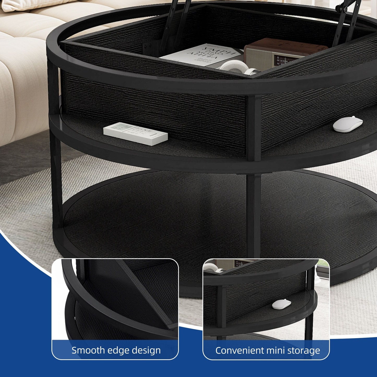 Moasis Round Lift Top Coffee Table with Hidden Storage