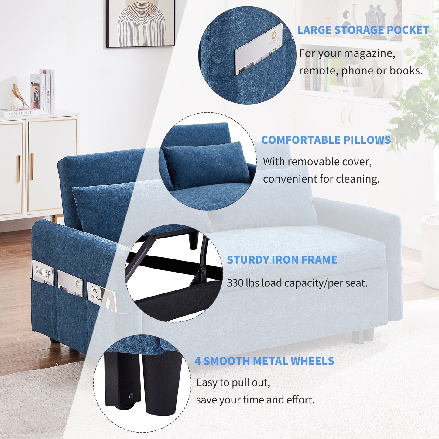 Modern 2 Seat Couch, Microfiber Pull Out Sleep Sofa Bed wih Adjsutable Backrest, Storage Pockets, 2 Soft Pillows, USB Ports