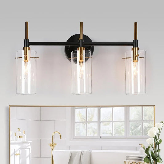 Modern Black Gold Bathroom Vanity Light Dimmable Wall Sconces with Cylinder Clear Glass