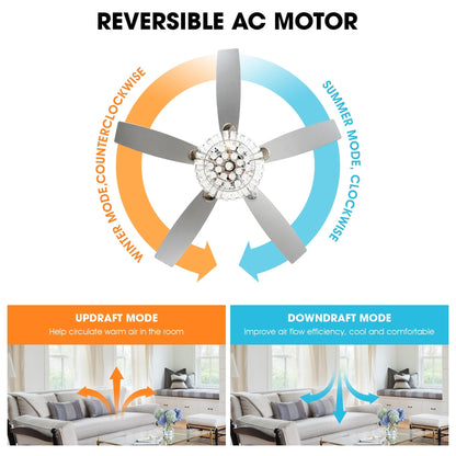 Ventilateur de plafond moderne en cristal chromé de 52 pouces avec télécommande