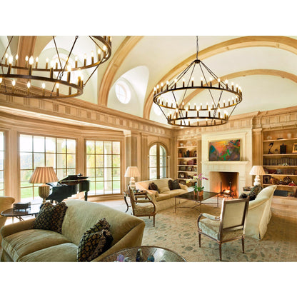 Lustre de ferme moderne à 2 niveaux, lustre rond en forme de roue de chariot, grand plafonnier haut.