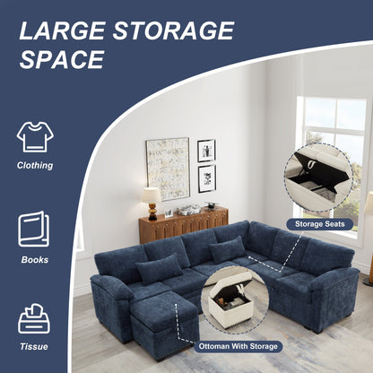 Modern L-Shaped Chenille Sectional Sofa with Pull-Out Sleeper, Storage Seats, Ottoman and 2 Pillows for Living Room