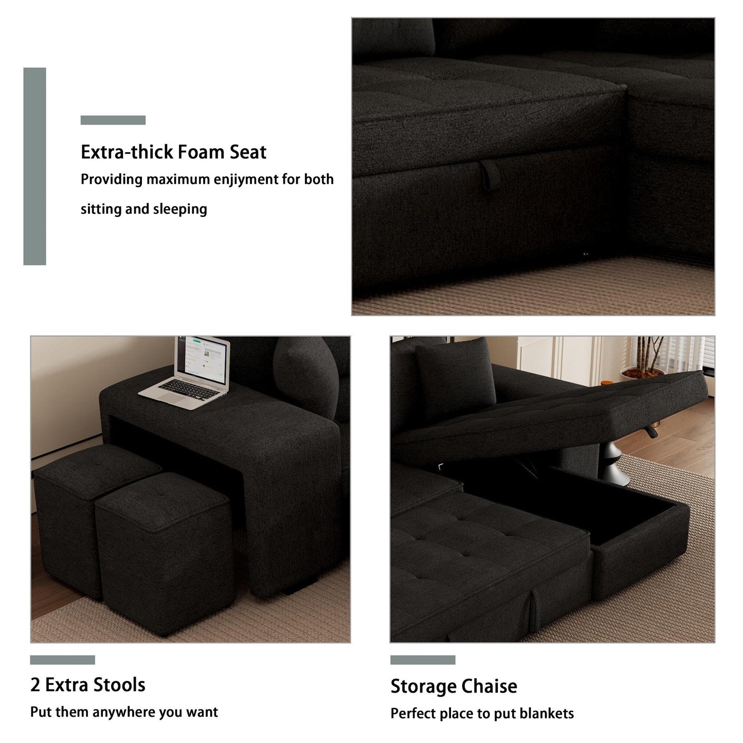 Modern L-Shaped Pull-Out Sectional Sofa Bed with Reversible Chaise, Storage and 2 Stools for Living Room Apartment