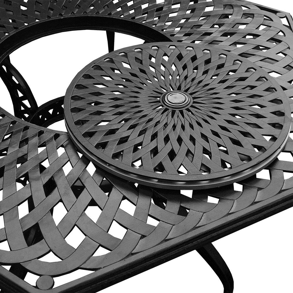 Modern Ornate Outdoor Mesh Aluminum 63-in Large Hexagon Patio Dining Set with Lazy Susan and Six Chairs - N/A