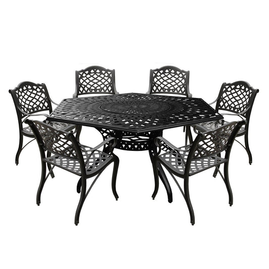 Modern Ornate Outdoor Mesh Aluminum 63-in Large Hexagon Patio Dining Set with Lazy Susan and Six Chairs - N/A
