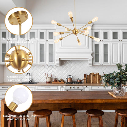 Modern Sputnik Chandelier 10-Light Adjustable Ceiling Light Fixture for Kitchen Dining Room Living Room Bedroom - N/A