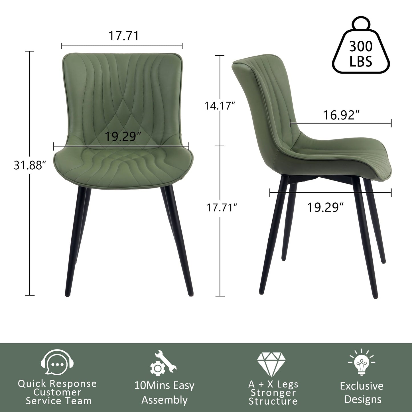 Lot de 2 chaises de salle à manger modernes en cuir rembourré sans accoudoirs