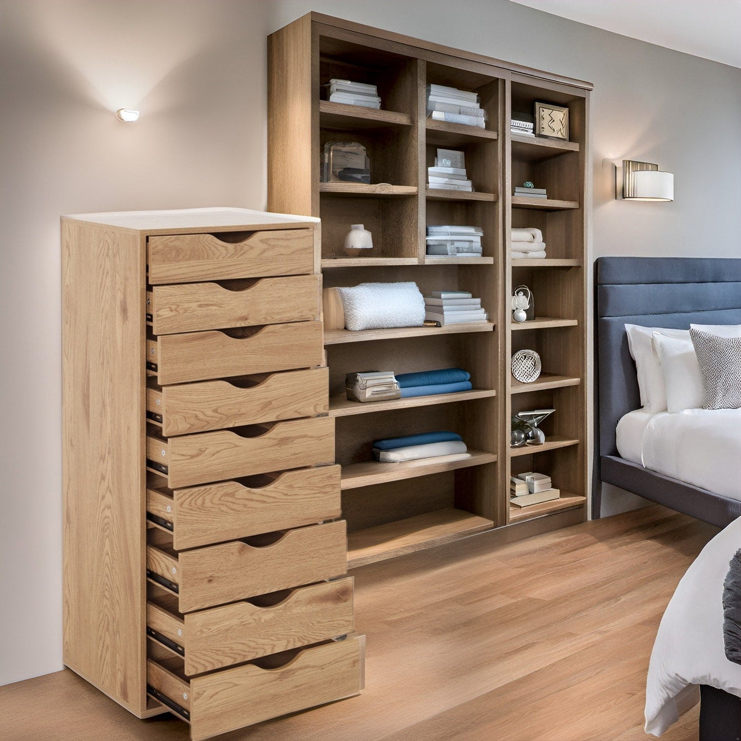 Armoire étroite en bois à 9 tiroirs avec tiroirs coulissants en douceur et étagère de rangement supérieure