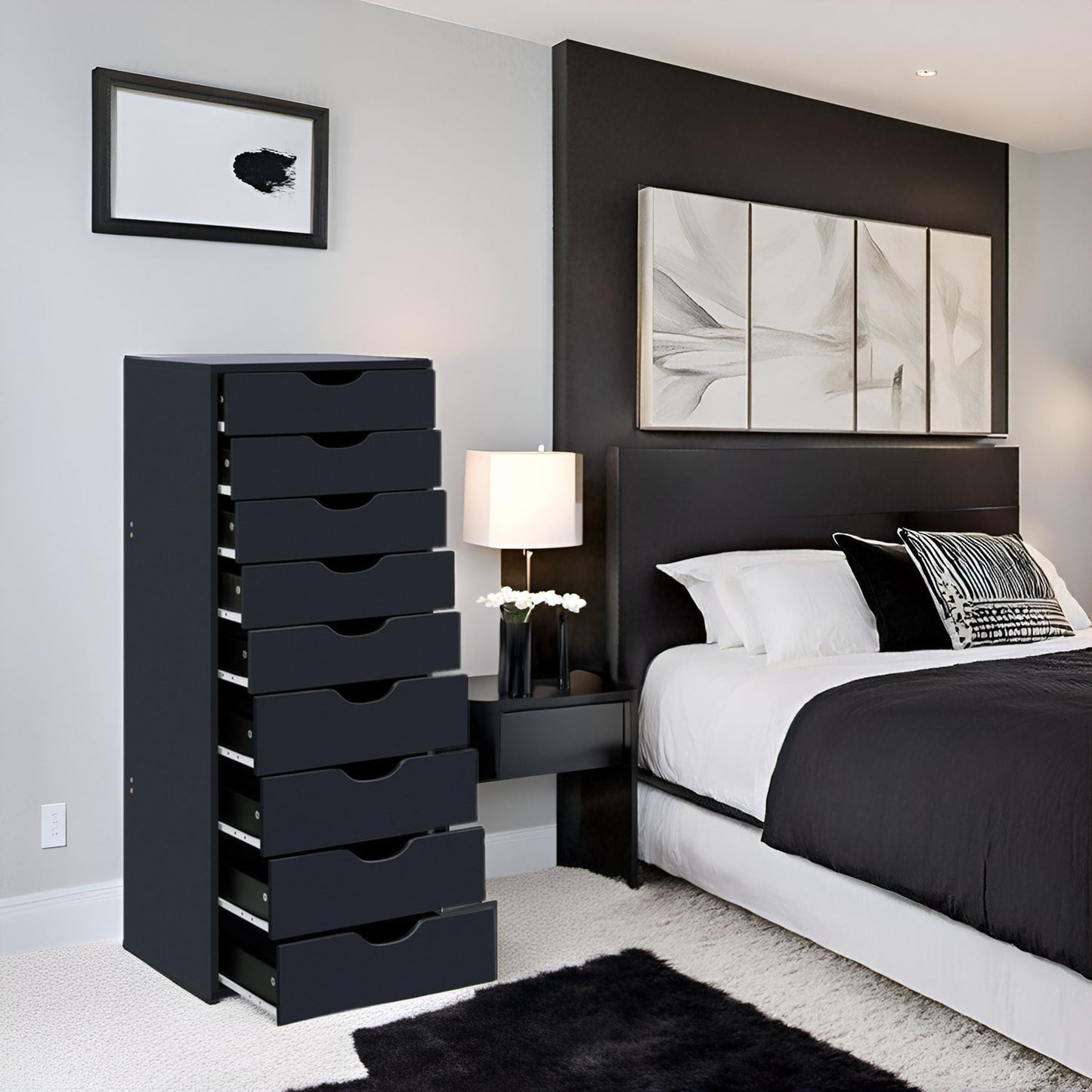 Armoire étroite en bois à 9 tiroirs avec tiroirs coulissants en douceur et étagère de rangement supérieure