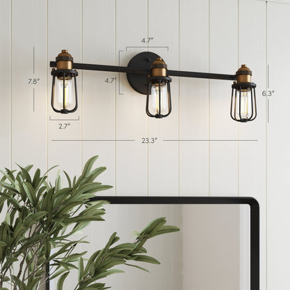 Nathan James Rori Vanity Wall Light Indoor 3-Light Bathroom with Farmhouse Cage Sconce and Brass Details