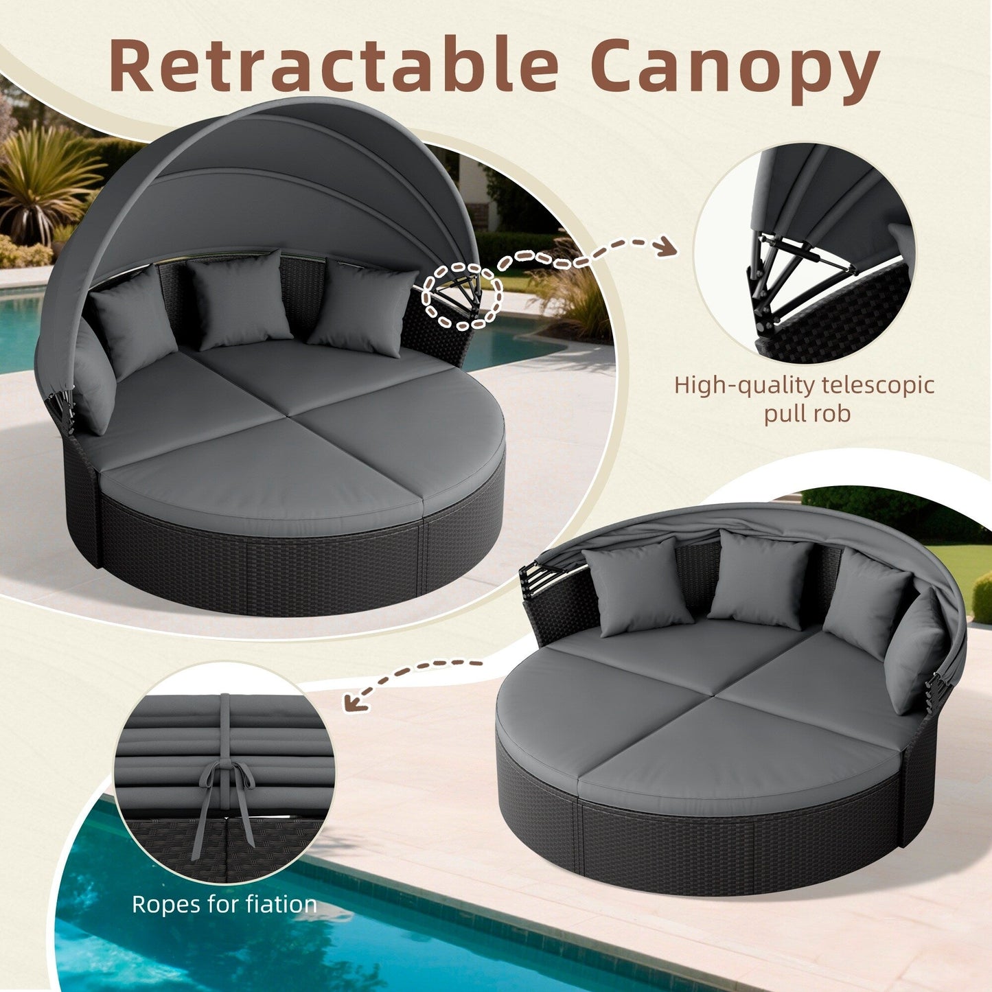 Nuon 4-piece Outdoor Black Wicker Patio Round Daybed Sectional Sofa Set with Retractable Canopy by Havenside Home