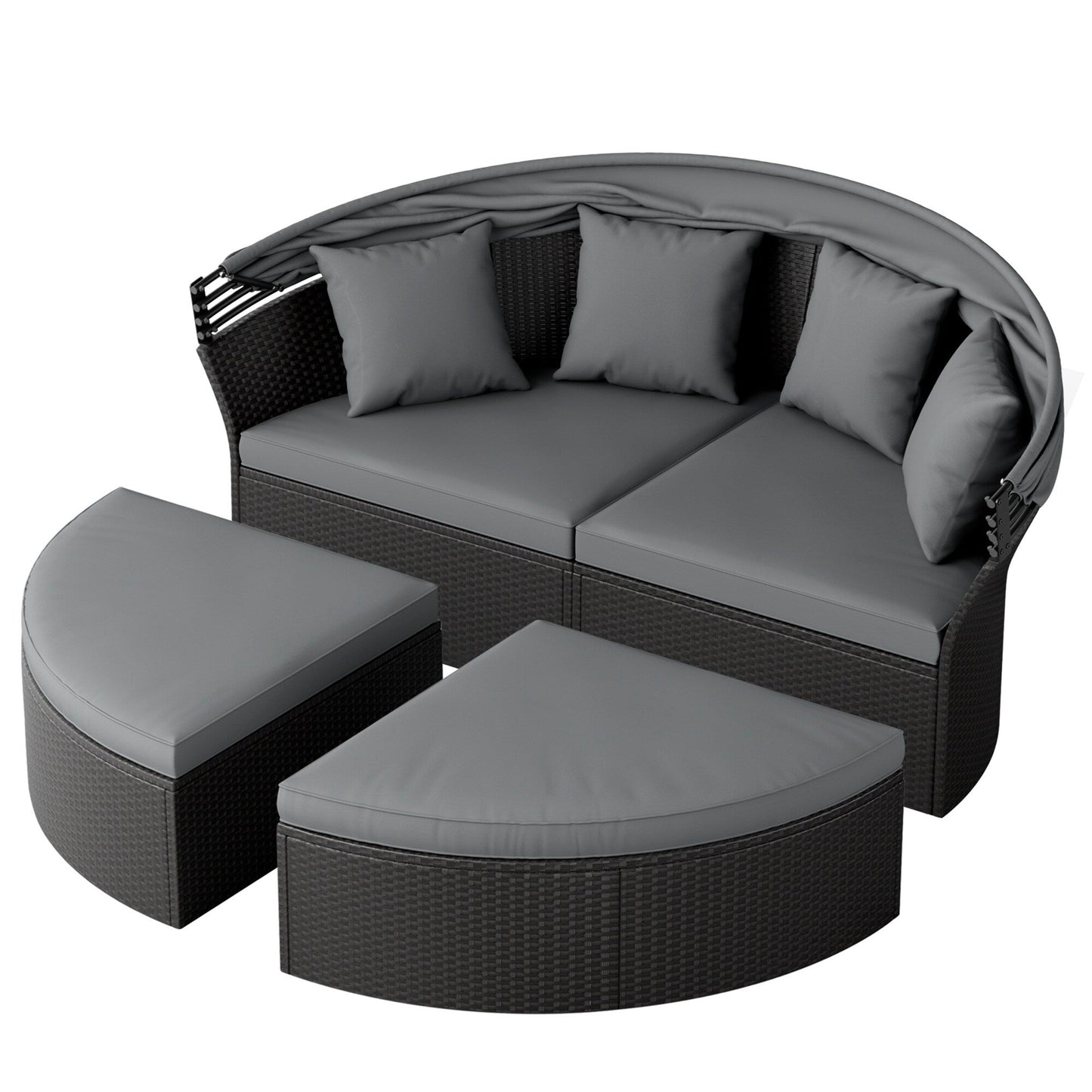 Nuon 4-piece Outdoor Black Wicker Patio Round Daybed Sectional Sofa Set with Retractable Canopy by Havenside Home