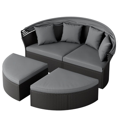 Nuon 4-piece Outdoor Black Wicker Patio Round Daybed Sectional Sofa Set with Retractable Canopy by Havenside Home