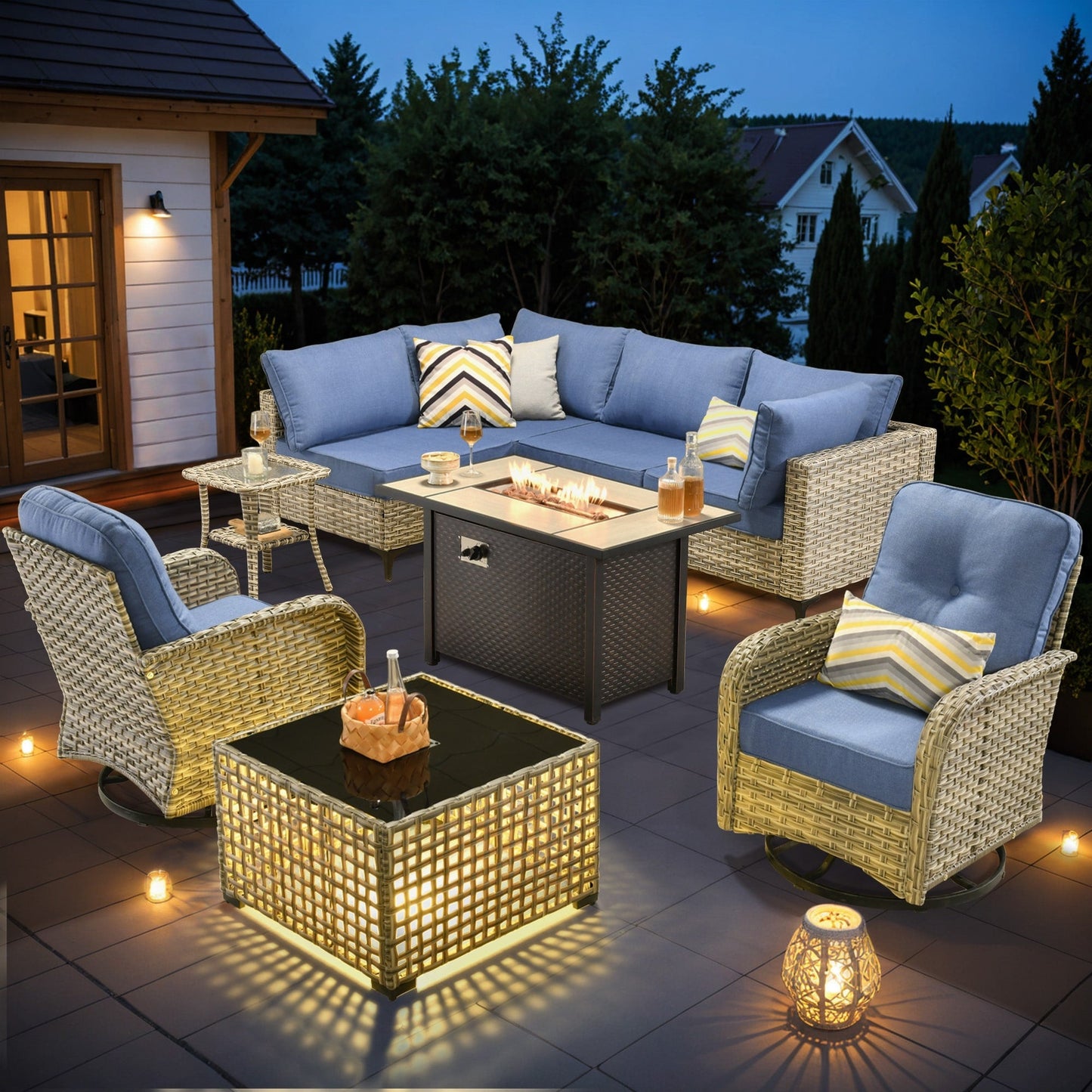 OVIOS 9 Pieces Outdoor Wicker Swivel Chair Set With Fire Table