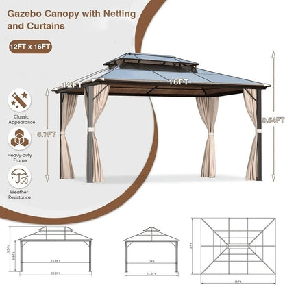 Gazebo à toit rigide EROMMY, pergola d'extérieur avec double toit, filet et rideaux, auvent robuste pour patio, arrière-cour, fête au bord de la piscine