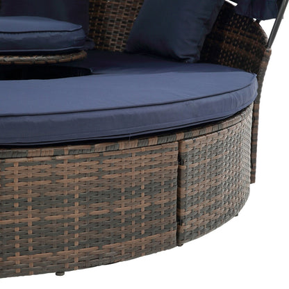 Outdoor Rattan Round Canopy Daybed with Lift Coffee Table, Navy Blue Deep Seating Sofa Bed with Pillows and Washable Cushions