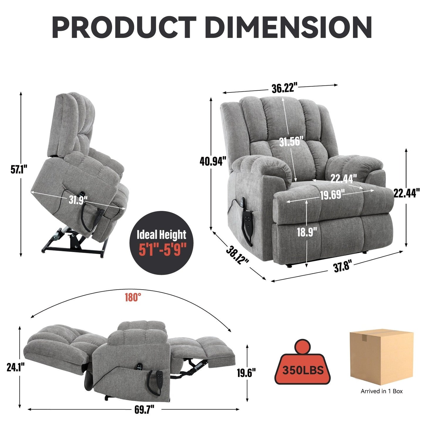 Oversized Chenille Power Lift Recliner Chair with Massage and Lumbar Heating, Infinite Position Reclining