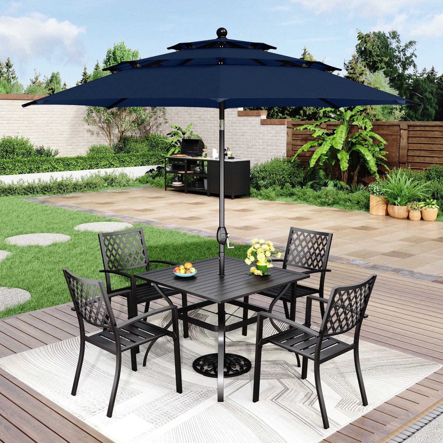 MAISON ARTS 6-Piece Patio Dining Set with 10ft 3 Tier Auto-tilt Umbrella: 4 Metal Outdoor Chairs 1 Metal Square Dining Table