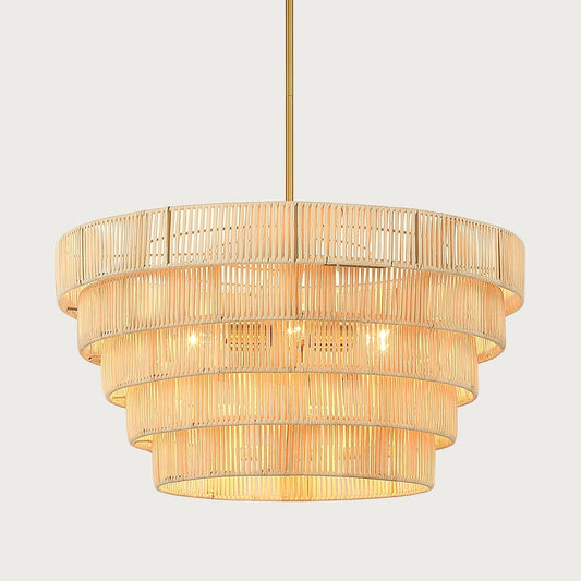 Lustre bohème moderne Piersan à 5 lumières avec abat-jour en rotin à plusieurs niveaux - 26 po de largeur