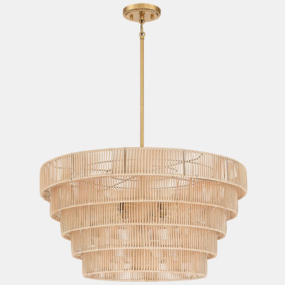 Lustre bohème moderne Piersan à 5 lumières avec abat-jour en rotin à plusieurs niveaux - 26 po de largeur