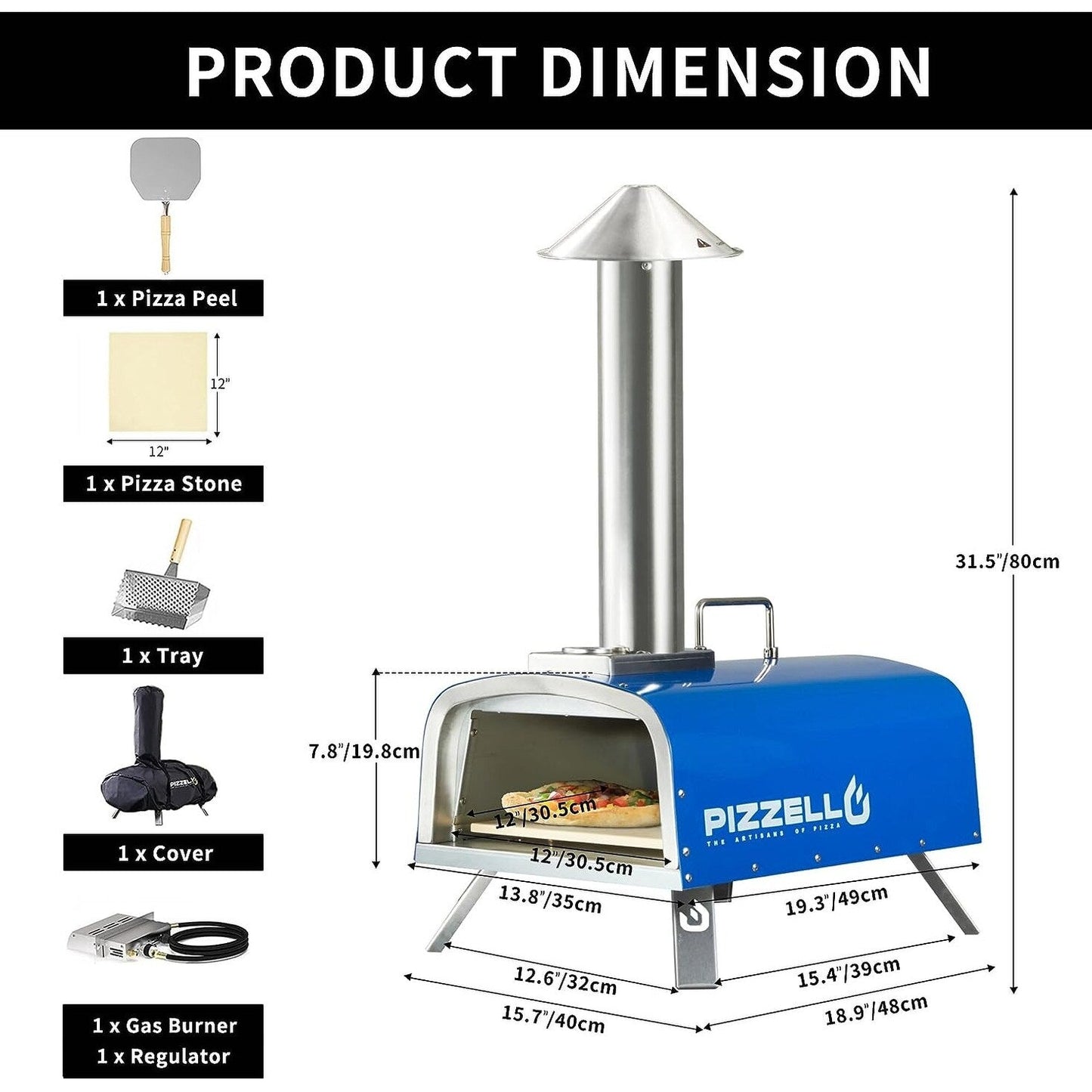Four à pizza extérieur multi-combustible, machine à pizza cuite sur pierre avec brûleur à gaz et boîte à bois - 12 pouces