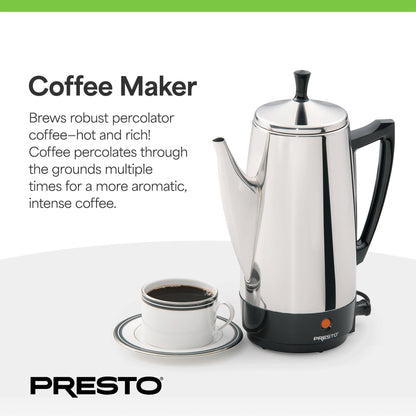 Cafetière Presto en acier inoxydable, percolateur robuste 12 tasses, argent - 2,79