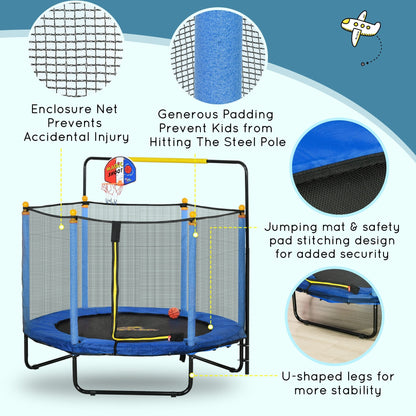 Qaba 4.6' Kids Trampoline with Basketball Hoop, Horizontal Bar, 55 Indoor Trampoline with Net