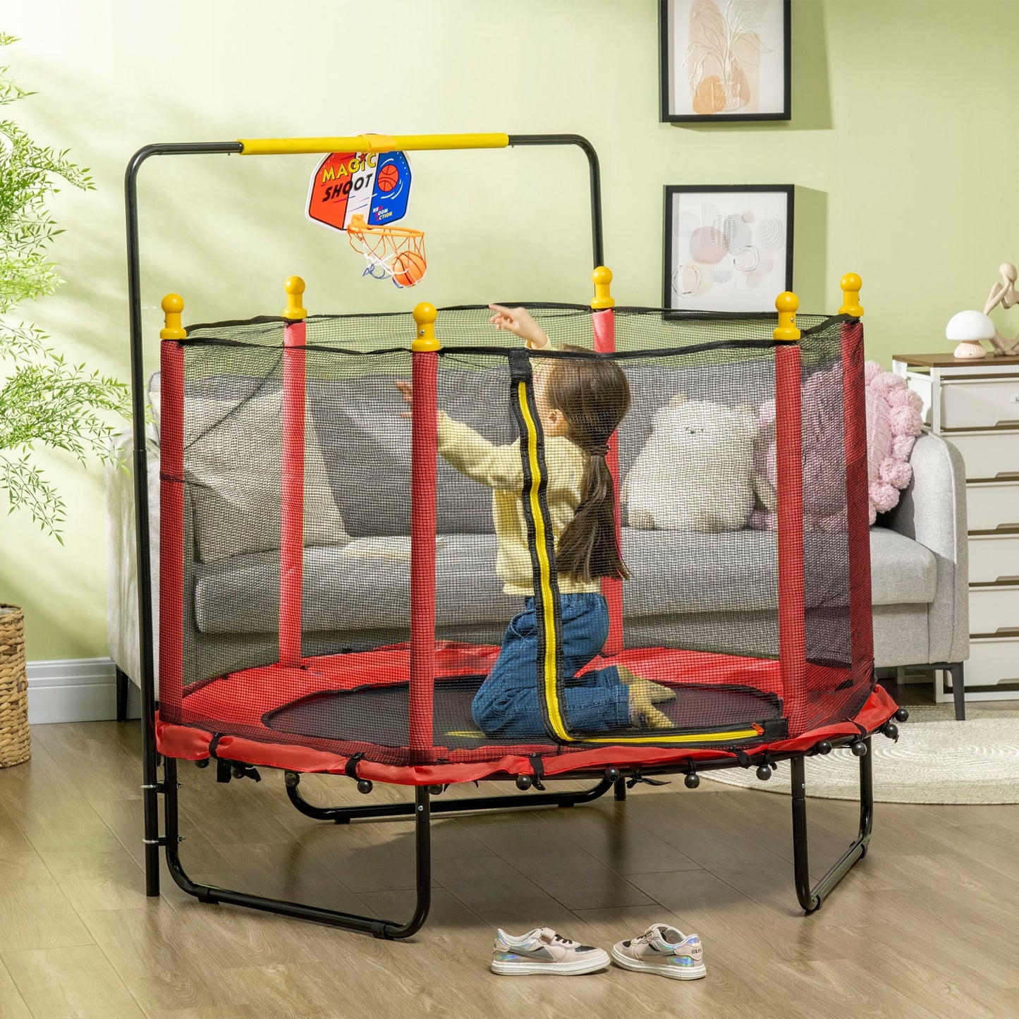 Qaba 4.6' Kids Trampoline with Basketball Hoop, Horizontal Bar, 55 Indoor Trampoline with Net