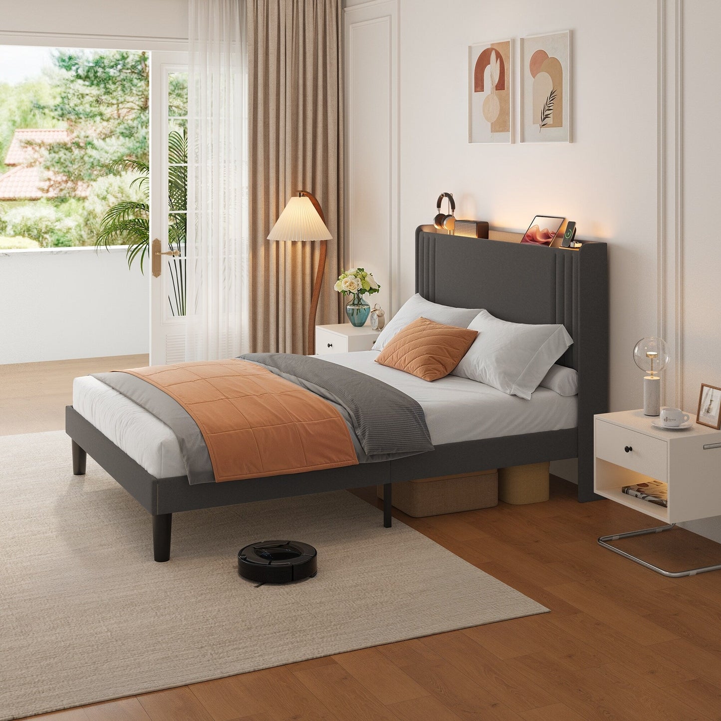 Lit Queen/Full rembourré à canaux verticaux avec tête de lit à oreilles