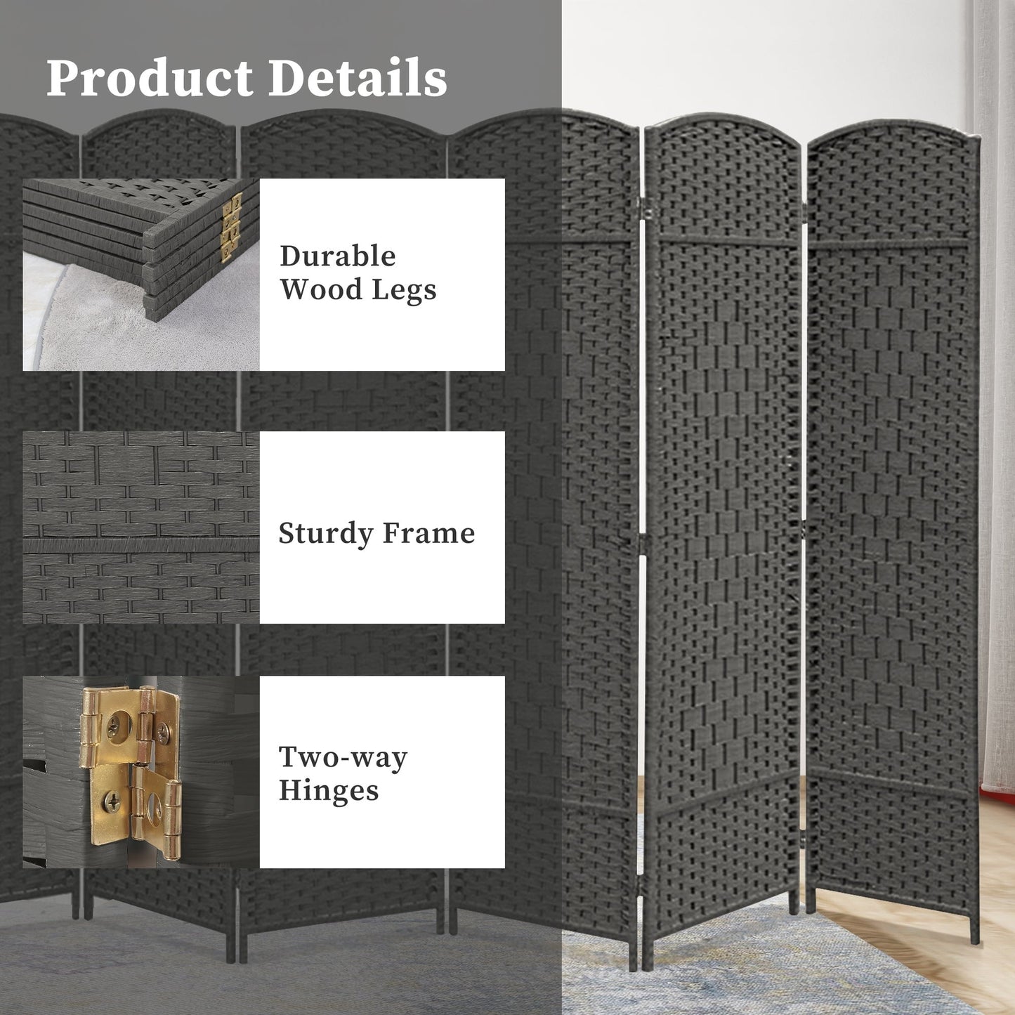 Paravent de séparation de pièce de 6 pieds de haut en fibre tissée, écran de confidentialité autoportant, écran pliant